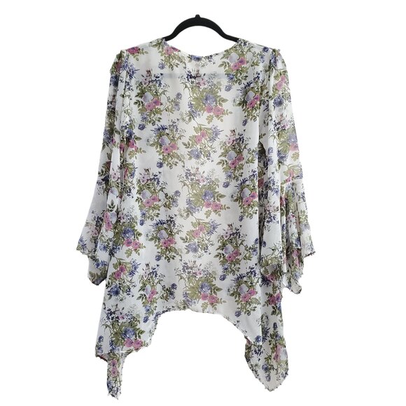 White Kimono Floral Ruffle Style Cardigan Sheer Beaded S Small Handkerchief Hem - Picture 2 of 12